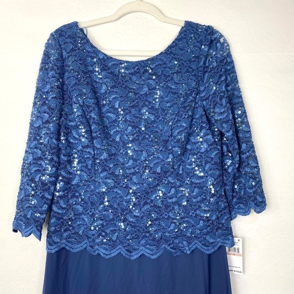 Alex Evenings Mock Two-Piece Sequin Chiffon Gown Lace Dress Wedgewood 12 - Picture 5 of 11